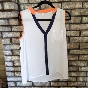 Sheer White, Navy, and Orange Sleeveless Blouse